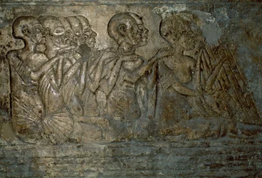 Ospiti stranieri che presentano doni alla regina Nefertiti, bassorilievo dalla tomba di Merire, Necropoli di Tell el-Amarna, Egitto, civiltà egizia, Nuovo Regno, XVIII dinastia