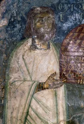 Compratore di affresco della chiesa di Agia Anna, che tiene un modello della chiesa, affresco del 1642, Anisaraki, Creta, Grecia