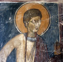 Affresco di santo nella chiesa bizantina di Agios Georgios Xifoforos, Apodoulou, Creta, Grecia