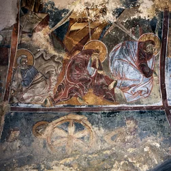Affresco di santi nella chiesa bizantina di Agios Georgios Xifoforos, Apodoulou, Creta, Grecia
