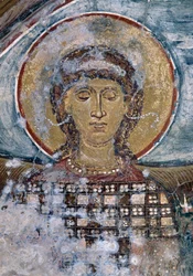 Affresco con santo nella chiesa bizantina di Agios Georgios, Vathi, Creta, Grecia