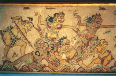 Affreschi che raffigurano scene di battaglie tra dei e demoni, padiglione Kertha Gosa, Palazzo Klungkung (Puri Agung Semarapura), Semarapura, Bali, Indonesia