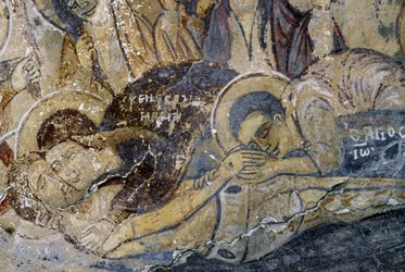 Affreschi con Cristo morto nella chiesa di Metamorphosis tou Sotiros, Kefali, Creta, Grecia