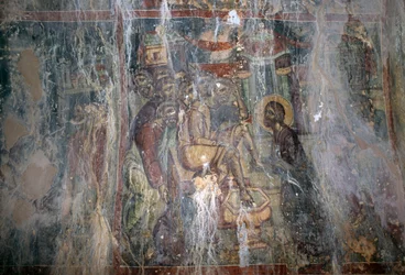 Gesù e lavanda dei piedi, affresco nella chiesa bizantina di Agios Athanasios, Kefali, Creta, Grecia (foto)