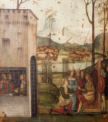 Giuseppe interpreta i sogni del Faraone, tavola dipinta