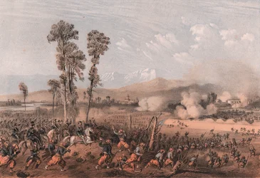 Re Vittorio Emanuele II che guida le truppe durante la battaglia di Palestro, Lombardia
