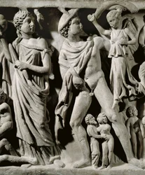 Sarcofago in marmo, Rilievo raffigurante il mito di Prometeo, Dettaglio, Hermes e una delle Parche, Da Arles