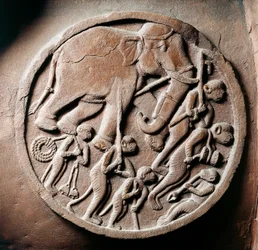 Medaglione con scimmie ed elefanti, rilievo dallo Stupa di Bharhut, monumento buddista, Madhya Pradesh, India, Civiltà Indiana, II secolo a.C.