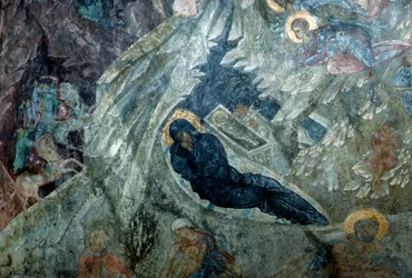 Natività, affresco nel monastero di Panagia Perivleptos, città bizantina di Mystras