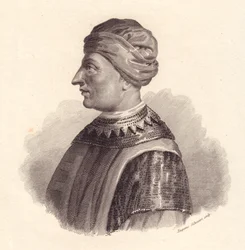 Ritratto del condottiero italiano Can Francesco della Scala, noto anche come Cangrande I (1291-1329), incisione su rame di Eugenio Silvestri