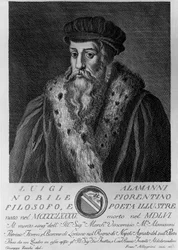 Ritratto di Luigi Alamanni (1495-1556), poeta italiano, incisione di Francesco Allegrini (1729-dopo 1773) da disegno di Giuseppe Zocchi (nato 1711 o 1717, morto 1767)