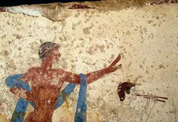 Processione con atleta, dettaglio, affresco dalla Tomba del Tuffatore, Paestum, Campania, Italia, civiltà greca antica, Magna Grecia, III secolo a.C. (foto)