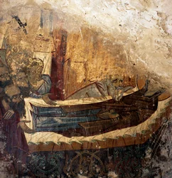Resti di affresco nella chiesa bizantina di Agios Georgios Xifoforos, Apodoulou, Creta, Grecia (foto)