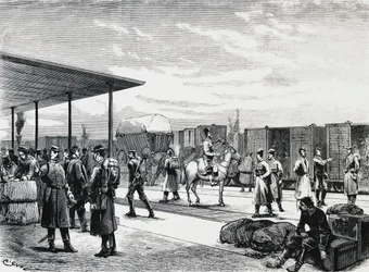 Convoglio militare russo alla stazione di Bustiu, sulla ferrovia Bucarest-Galati, guerra russo-turca, incisione, Romania