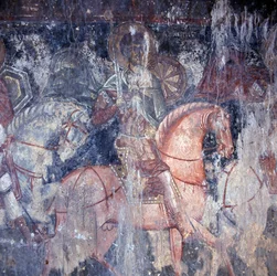 Santo a cavallo, affresco nella chiesa di Palaia Roumata, Creta, Grecia