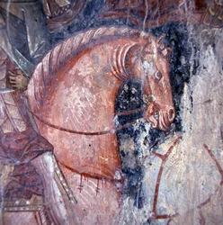 Santo a cavallo, affresco nella chiesa di Palaia Roumata, Creta, Grecia (dettaglio)