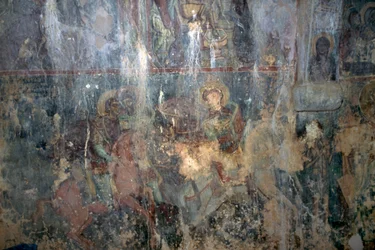 Santi a cavallo, affresco nella chiesa bizantina di Agios Athanasios, Kefali, Creta, Grecia (foto)