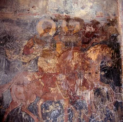 Santi a cavallo, affresco in chiesa, Komitates, Creta, Grecia