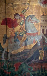 San Giorgio e il Drago, (dettaglio) di pannello di legno nella chiesa di Agia Paraskevi, Anisaraki, Creta, Grecia (foto)