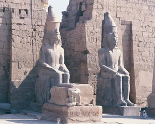 Tempio di Luxor, pilone di Ramses II, due statue colossali del re