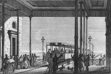 Treno in partenza dalla stazione ferroviaria di Venezia Santa Lucia, Venezia, Italia, incisione