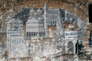Vista del monastero, affresco nel monastero di Ikosifinissis, vicino a Serres, Grecia