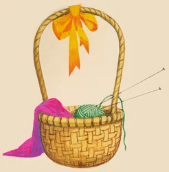 Cesto di vimini contenente una palla di lana, aghi e lavoro a maglia, disegno