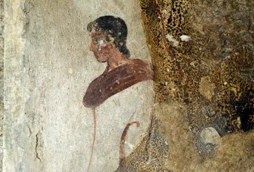 Giovane uomo, dettaglio da affresco di Paestum, Campania, Italia, civiltà greca antica, Magna Grecia