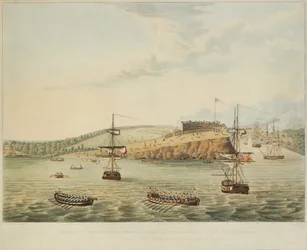 Attacco al Forte Oswego, Lago Ontario, N. America. 6 maggio 1814, mezzogiorno, e assalto al Forte Oswego da parte del Secondo Battaglione dei Royal Marines e di un gruppo di marinai, 15 minuti dopo mezzogiorno, inciso da R. Havell, 1815