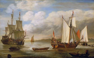 Varietà di barche olandesi: barche a vela, navi e chiatte. Olio su tela di Lieve Pietersz Verschuier (1630-1686)