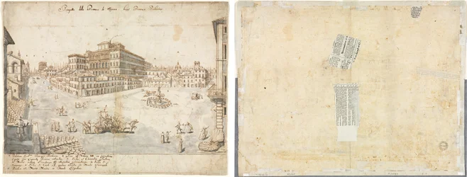 Diciotto vedute di Roma: Piazza Barberini (recto); Traccia di una fontana dal recto e schizzi di due volti (verso)
