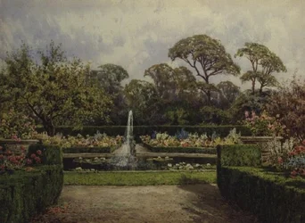 Il giardino dello stagno di gigli con uno stagno circolare e una fontana con cherubino