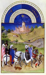Facsimile di Agosto: falconeria, dalle Très Riches Heures du Duc de Berry