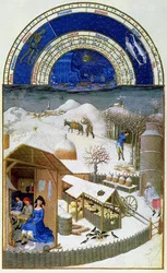 Facsimile di febbraio: scena di cortile rurale con contadini, copiata dalle «Très Riches Heures du Duc de Berry» (per l