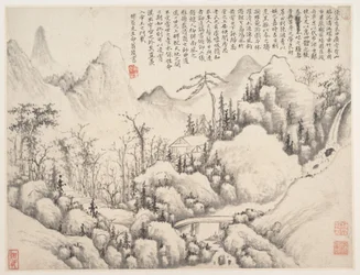 Ritiro in montagna, foglio da Album per Zhou Lianggong, databile al 1654-55 (foglio da un album collettivo di molti fogli; inchiostro e colore su carta)