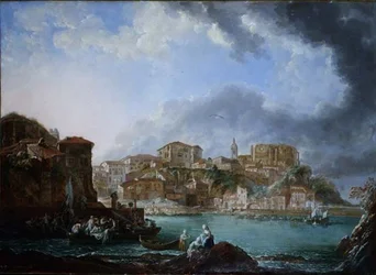 Veduta del porto con figure in barca