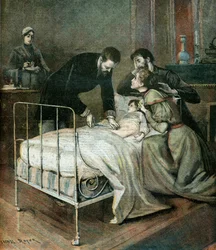 Il medico Emile Roux mentre vaccina un bambino