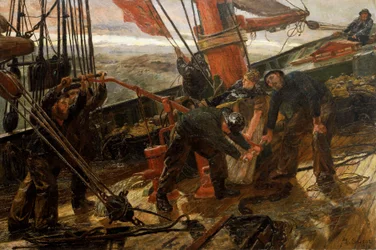 Scena sul ponte di una goletta catturata in una tempesta, un dramma marino, tutti i marinai e la moglie del capitano sono riuniti per attivare la pompa e tirare le vele e le corde