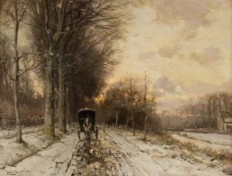 Un carro trainato da cavalli su un sentiero innevato (olio su tavola)
