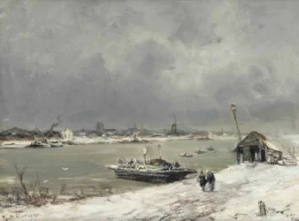 Un traghetto che attraversa vicino a Wijk bij Duurstede in inverno