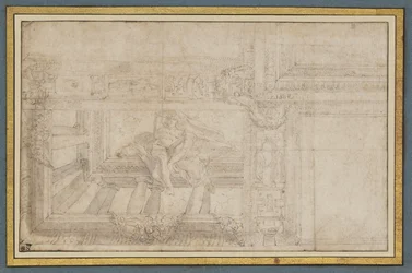 Ignudo, dopo un affresco sul soffitto nella Sala di Ulisse, Palazzo Poggi, Bologna