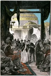 Il bazar di Samarcanda, illustrazione del romanzo di Jules Verne “Claudius Bombarnac” edizione Hetzel 1892 - Disegno di Leon Benett