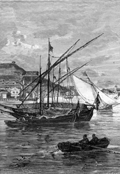 Illustrazione del romanzo di Jules Verne "Keraban il testardo", collezione Hetzel / viaggi straordinari 1883. Disegno di Leon Benett: il porto di Kertsch (Crimea), sullo stretto di Iénikale, tra il Mar Nero e il Mar d