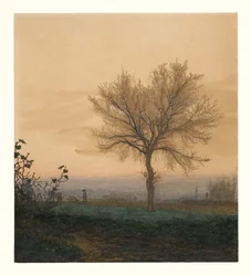 Paesaggio con un albero spoglio e un aratore
