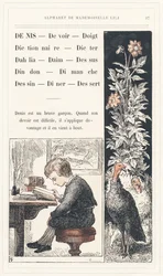 Denis, Dovere, Dito, Dizionario, Dettare, Dalia, Svezia, Cima, Tacchino, Domenica, Disegno, Cena, Dessert, pagina 17 - Alfabeto di Mademoiselle Lili, di L. Froelich e di un papà (Hetzel stesso). Bibliothèque & Magasin d