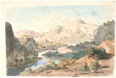 Scena di montagna italiana con fiume e un edificio a sinistra