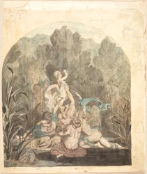 Motivo mitologico. Schizzi di paesaggio, figure di cavalli e profilo di un volto ai margini
