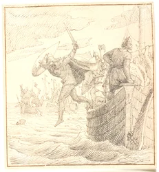 Olaf Tryggvesen si getta in mare durante la battaglia di Svolder