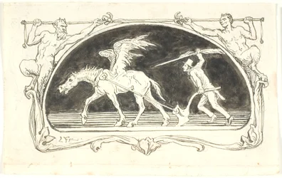 Vignetta con un Pegaso esausto davanti a un aratro, guidato da un uomo con un cappello alto, armato di una grande penna