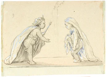Vignetta con due bambini vestiti da re e giovane sposa